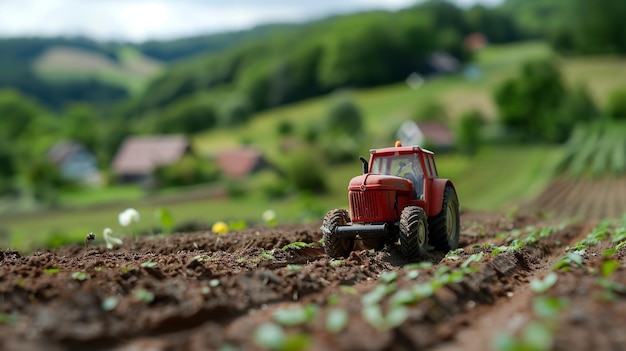 A mini toy tractor sample in agricultural field with a big empty space for text or product Generative AI