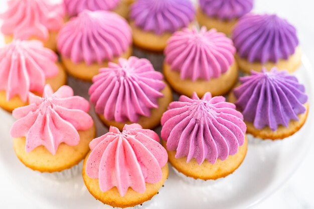 핑크 버터크림 프로스팅을 곁들인 미니 바닐라 컵케이크