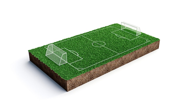 Mini voetbalveld en voetbal, groen gras, realistisch, witte achtergrond, 3D illustratie