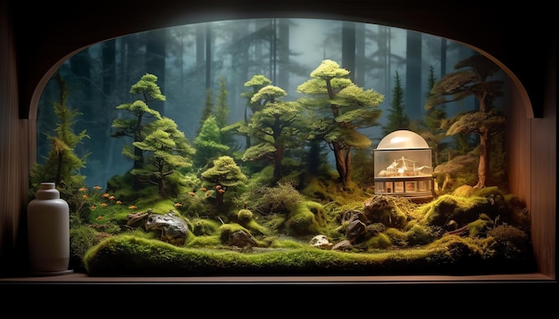 A miniature aquarium with a forest scene in the background