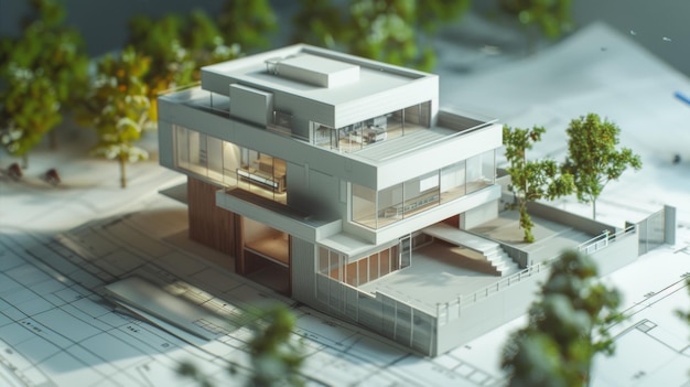 Miniature architectural model of a modern house on blueprints symbolizing design precision