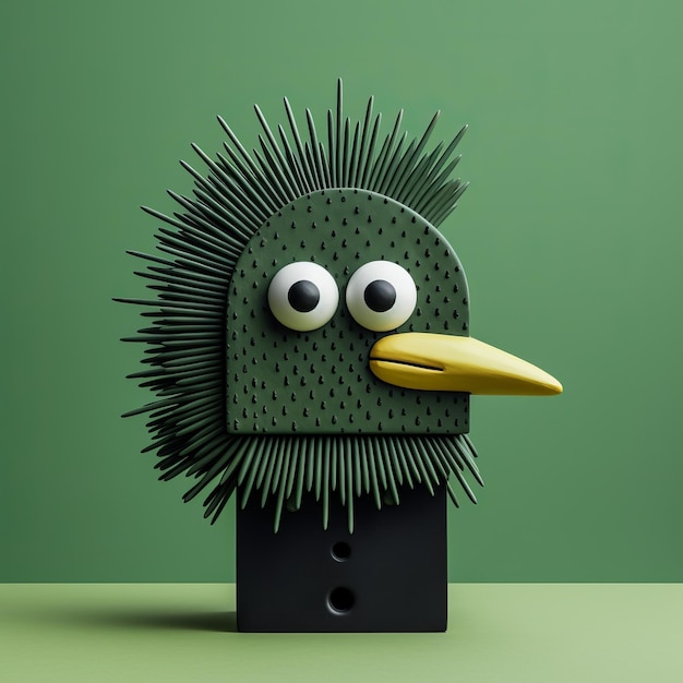 Photo miniature bird figurine with spikes and eyes on green background