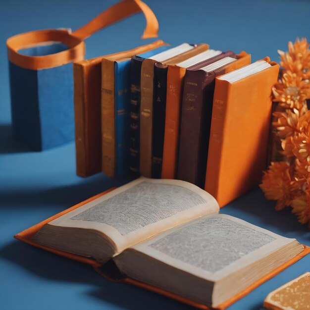 오렌지색 표지 에 있는 소형 책 들 이 파란색 배경 에 날아다닌다