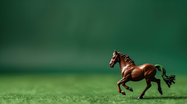 A miniature brown toy horse positioned midgallop on a vibrant green background