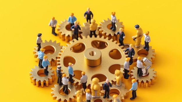 Miniature business people connecting many gears top view concept of teamwork Generative AI image weber