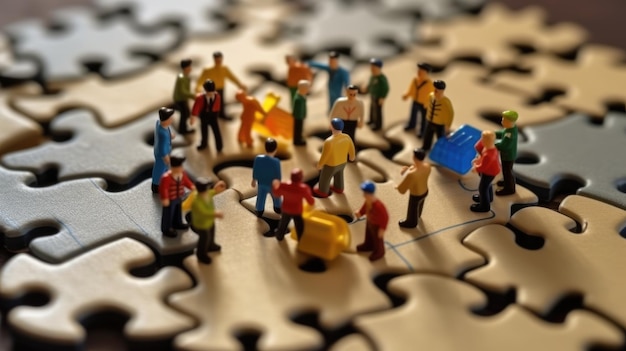 Miniature business people connecting many puzzle top view concept of teamwork Generative AI image weber