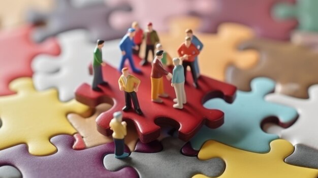 Miniature business people connecting many puzzle top view concept of teamwork Generative AI image weber