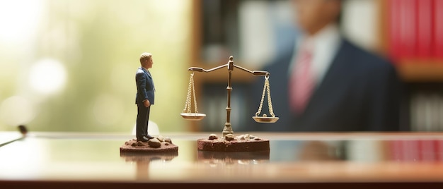 Miniature Businessman Facing Scales of Justice