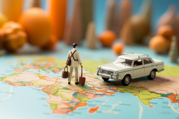 미니어처 사업가는 다채로운 세계지도와 작은 흰색 자동차 근처에서 핸드백과 여행가방을 들고 경주합니다.