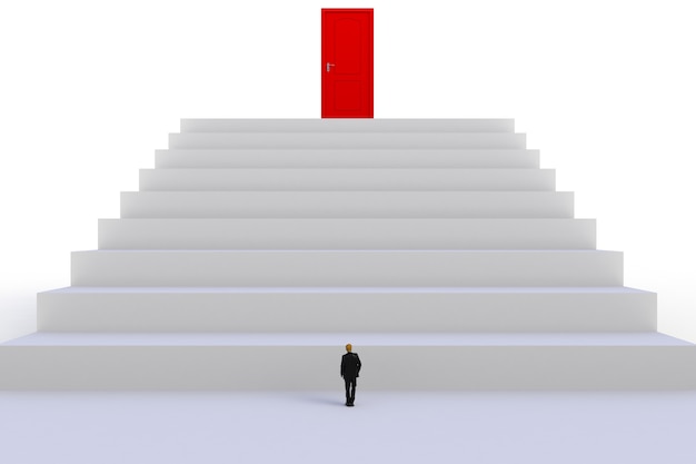 miniature businessman standing in front of red door on white wall background