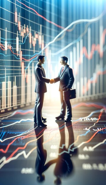 Photo miniature businessmen handshake on financial chart background
