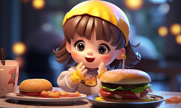 Miniature chibi figure savoring a delicious hamburger eyes filled with delight designe