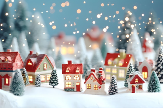 Miniature christmas winter cute houses blue snowing background