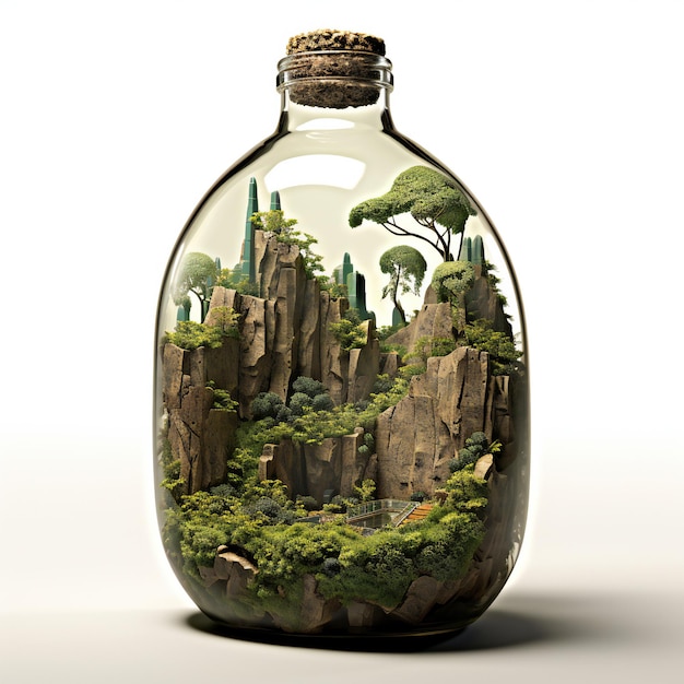 Miniature city in a glass bottle on white background