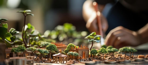 Foto città in miniatura focus selettivo sulla miniatura di alberi e piante