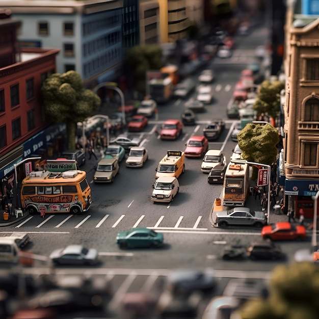 Foto una miniatura della strada della città con auto e pedoni vista dall'alto