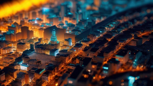 Photo a miniature city with a blue light that is lit up.