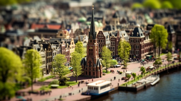 A miniature city with a clock tower and a building in the foreground.