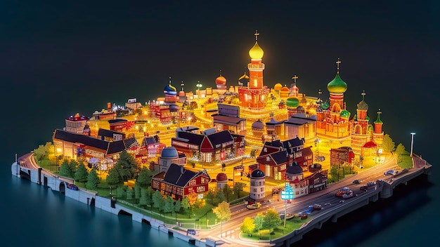 A miniature city with a lit up church in the middle.