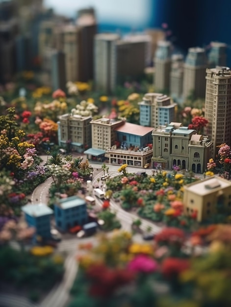 Foto una città in miniatura con una piccola città nel mezzo e una piccola città nel mezzo.