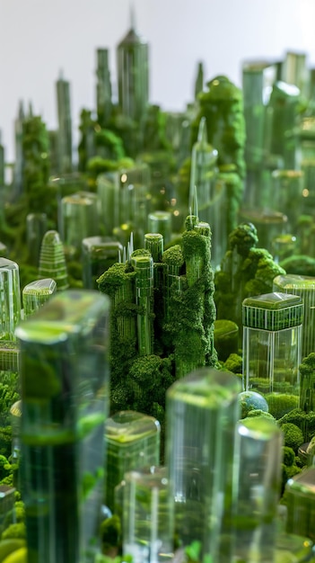 A miniature cityscape creatively designed with greenery and clear geometric shapes resembling skyscr