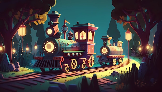 A miniature classic train set with tracks and trains digital art illustration generative AI