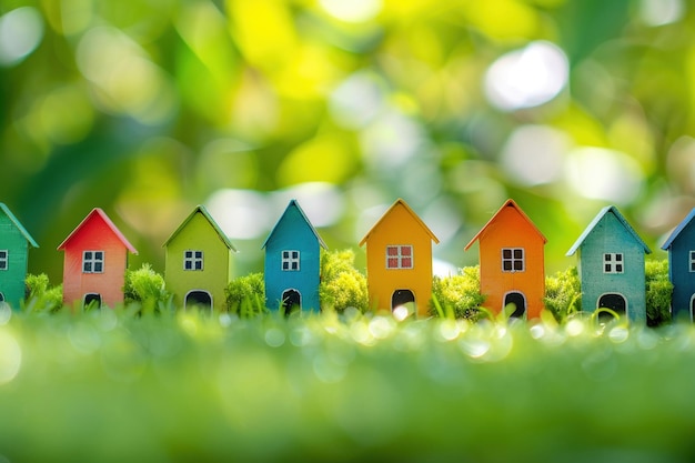 A Miniature colorful houses lined up against a bright and blurred green background