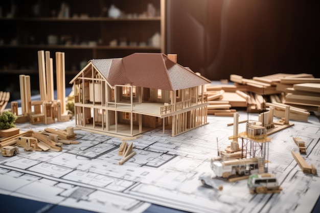 miniature construction of architectural blueprints Include a smallscale model of a house