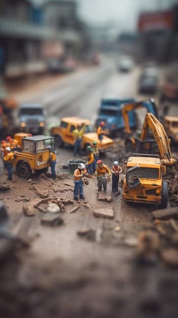 Miniature construction scene with people standing around a construction site.