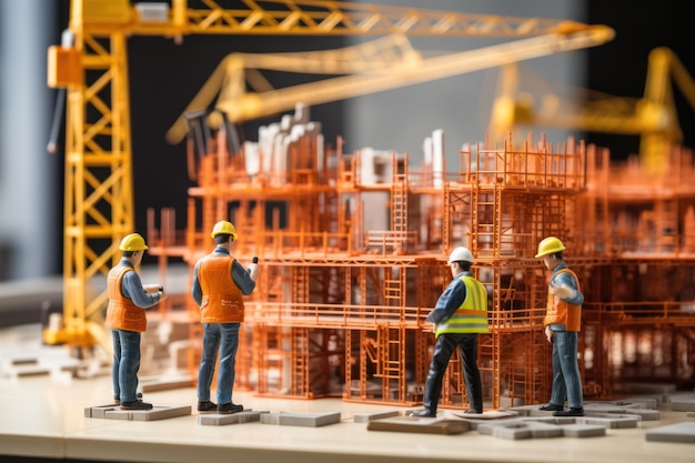 Miniature construction workers craft architectural model referencing plans and blueprint documents