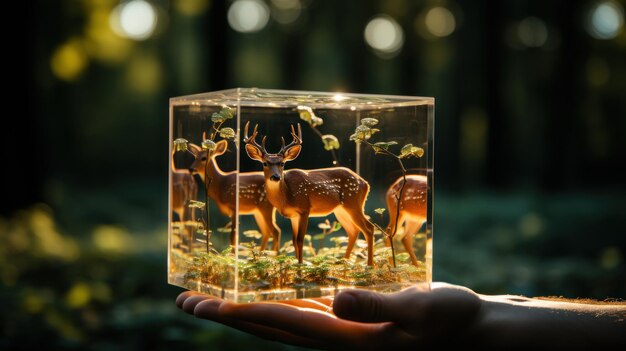 Miniature deer in glass cube with light bokeh background on forest world environment and earth day