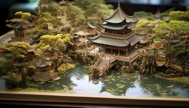 Miniature diorama of a chinese jiangnan garden with intricate details