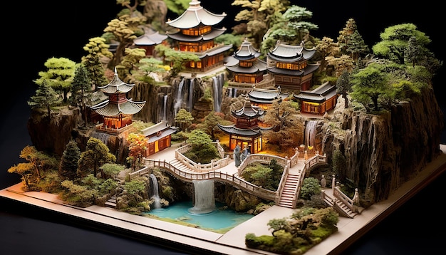 中国の江南庭園のミニチュアディオラマで 複雑な細部が描かれています
