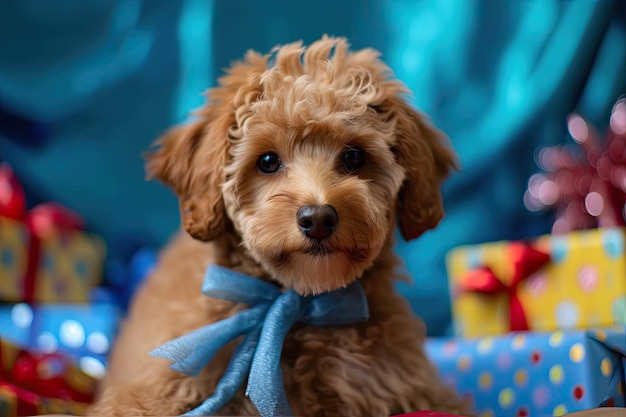 A miniature dog holding presents against a festive New Year39s backdrop Generative AI