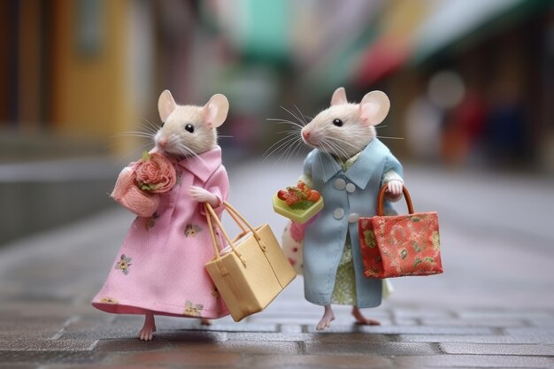 Miniature dressed mice going shopping in the city