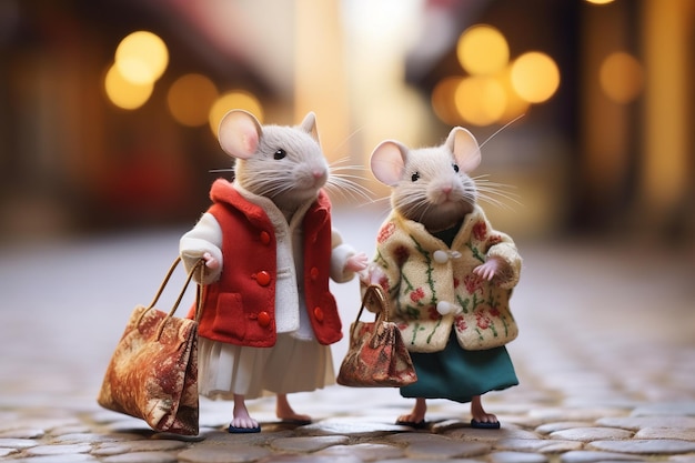 Miniature dressed mice going shopping in the city