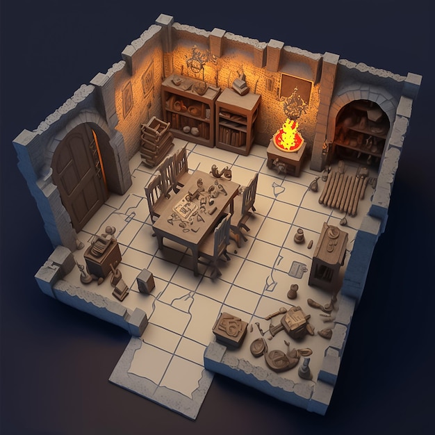 Миниатюрная карта подземелья с мебелью в комнатах и предметами в средневековом стиле. Сгенерирована AI.