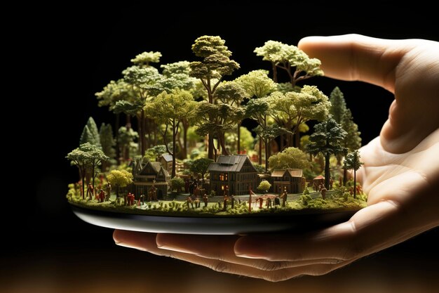 Foto ecosistema in miniatura con persone giocattolo che salvano la natura in un insediamento simbolico