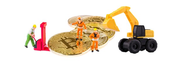 Miniature engineer and worker are mining and transferring Bitcoin activity