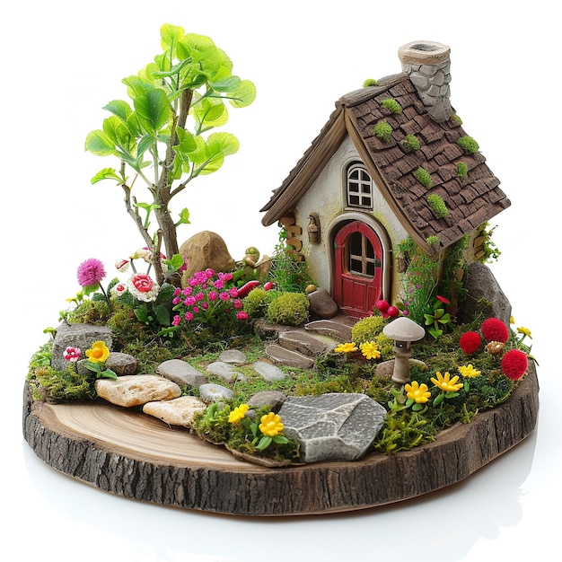 Miniature Fairy Garden Kit met voorjaarsthema geïsoleerd op witte achtergrond