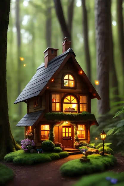 Miniature fairy house in forest with gradient lights