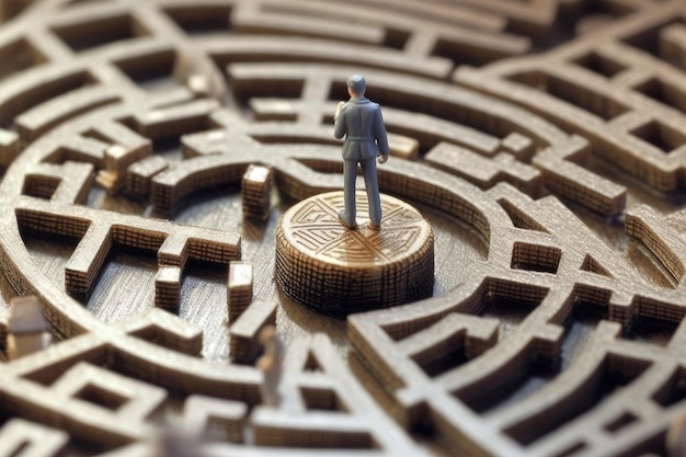 Photo a miniature figure attempting to find their way through a life sized labyrinth etched on a globe generative ai