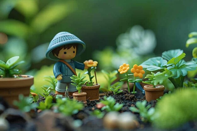 Giardinaggio a figure in miniatura piantare fiori gialli vivaci in un verde rigoglioso