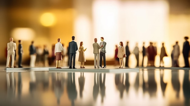 Miniature figures in business suits gather in a cafe