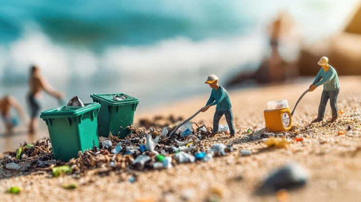 Miniature figures cleaning up trash on a beach highlighting environmental awareness