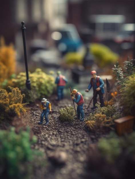 Miniature figures of construction workers in a garden