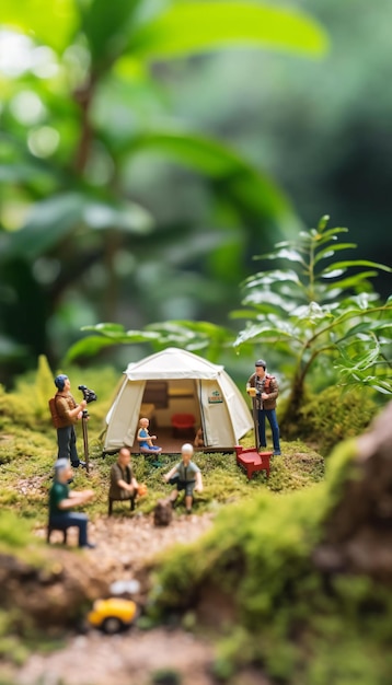 Miniature figures of family camping on green moss Created with Generative AI technology