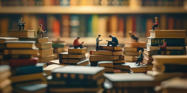 Miniature figures reading atop stacks of books in a library setting