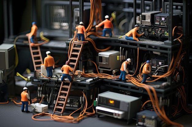 miniature figures working over computer network