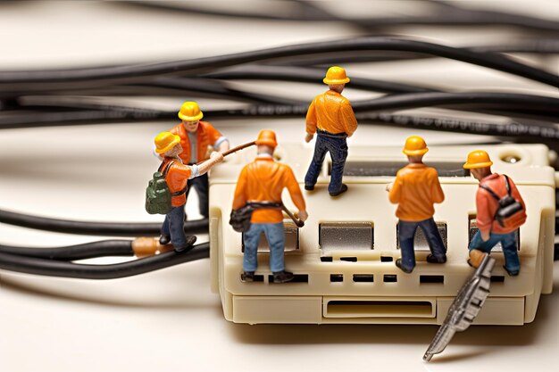 miniature figures working over computer network